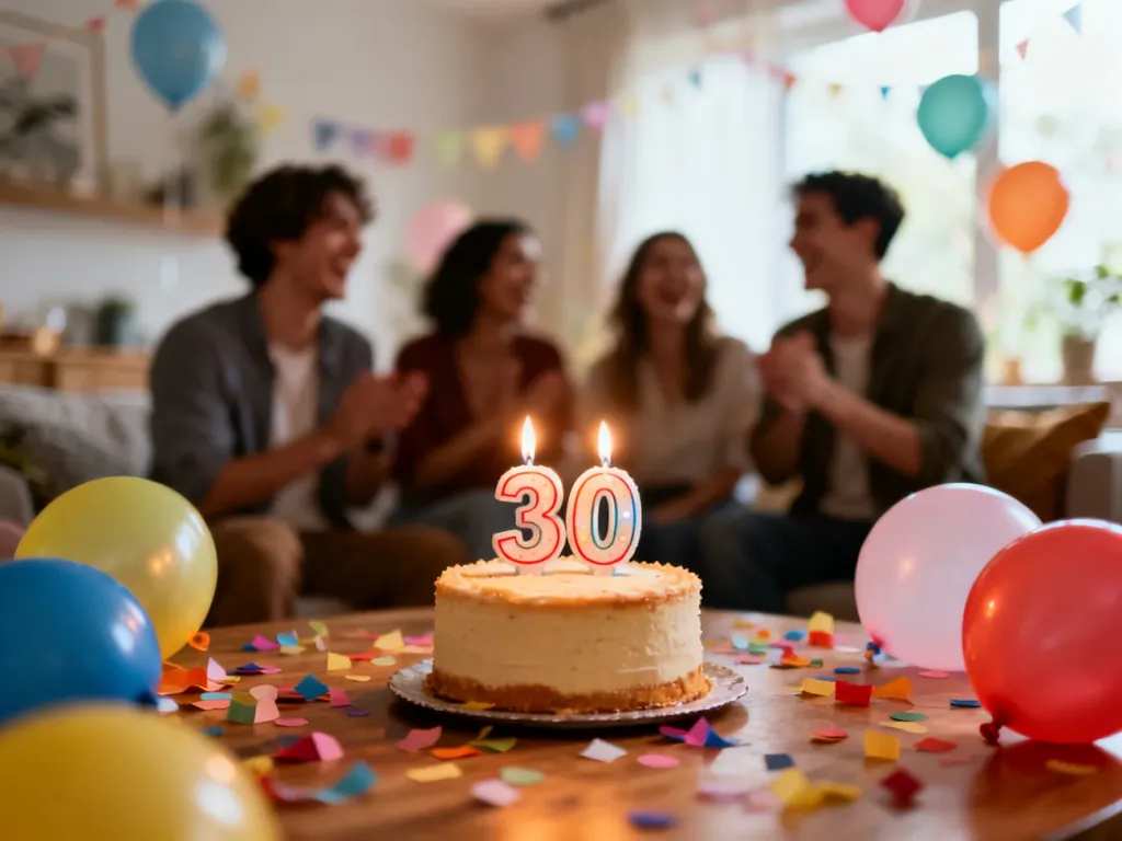 Tort z zapalonymi świeczkami „30” na udekorowanym stole, w tle rozbawieni przyjaciele świętują urodziny